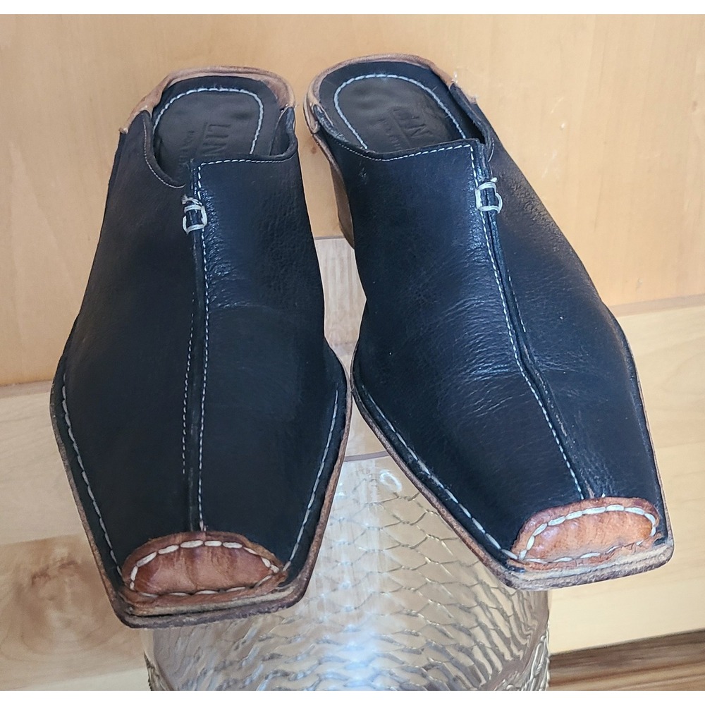 Linea Italian Black‎ Leather EU 39 US 8.5 Square Toe Mules Made Italy Block Heel